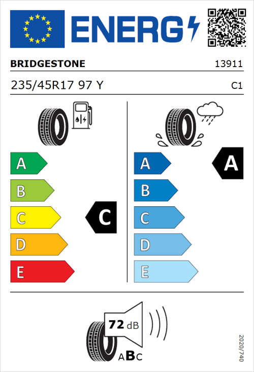 Tyre Label for Bridgestone Turanza T005 235/45R17 97Y