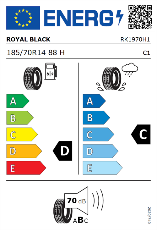 Tyre Label for Royal Black Royal Mile 185/70R14 88H