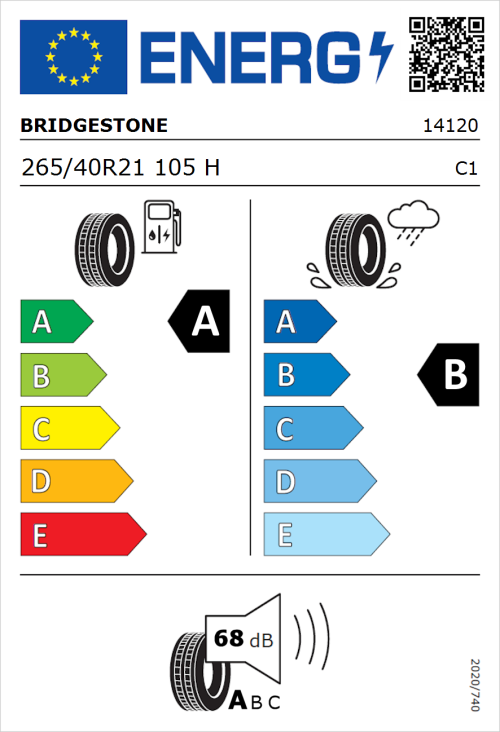 Tyre Label for Bridgestone Turanza T005 265/40R21 105H