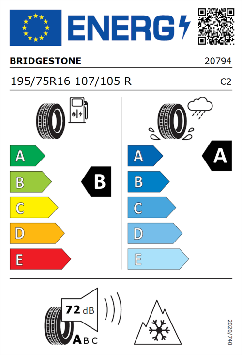 Tyre Label for Bridgestone Duravis All Season Evo Enliten 195/75R16 107/105R